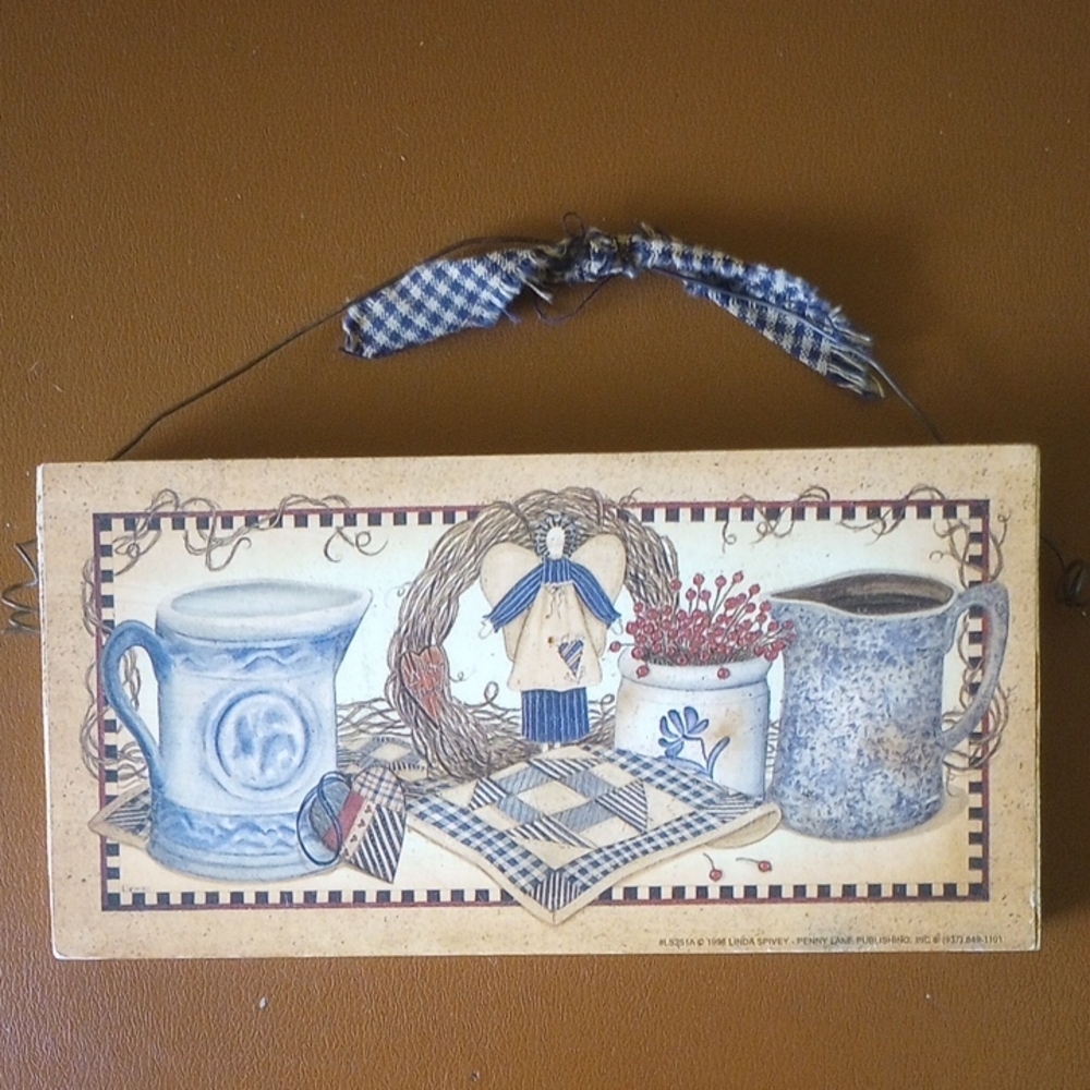 Vintage Penny Lane Linda Spivey Country Wood Sign w/ Angel. Cream Red Blue Tan